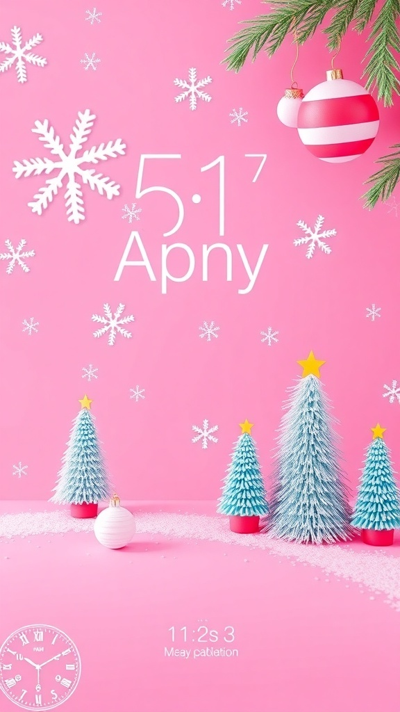 Pink Christmas lockscreen for iPad with festive snowflakes and ornaments.